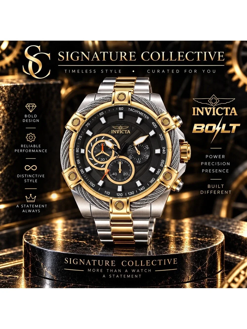 Invicta Bolt Ace Men's Watch Quartz Chronograph Gold Silver Black Steel 49748 ‼️